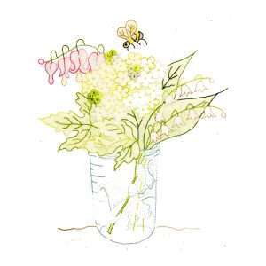 Frasco de flores con abeja