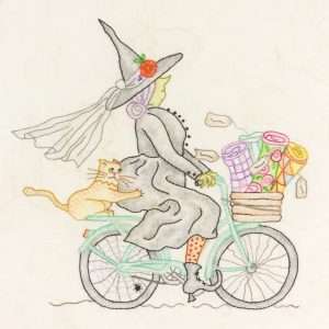 Bruja en bicicleta y gato